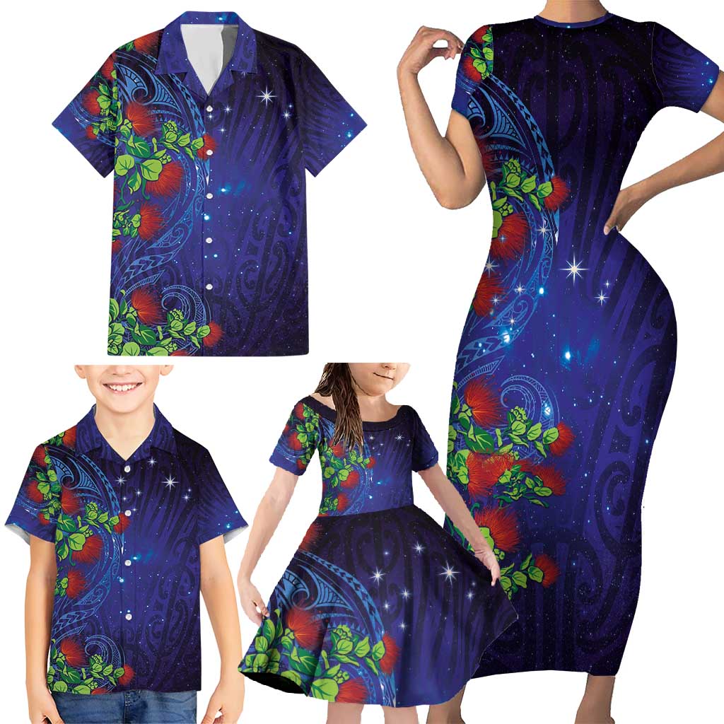 Matariki New Zealand Maori and Pohutukawa Family Matching Short Sleeve Bodycon Dress and Hawaiian Shirt Galaxy Blue Sky Style