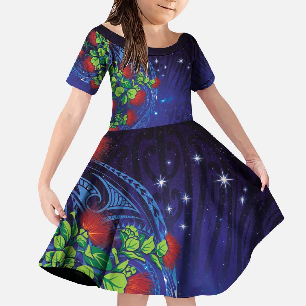 Matariki New Zealand Maori and Pohutukawa Family Matching Summer Maxi Dress and Hawaiian Shirt Galaxy Blue Sky Style LT03 Daughter's Dress Blue - Polynesian Pride