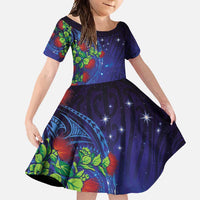 Matariki New Zealand Maori and Pohutukawa Family Matching Summer Maxi Dress and Hawaiian Shirt Galaxy Blue Sky Style LT03 Daughter's Dress Blue - Polynesian Pride