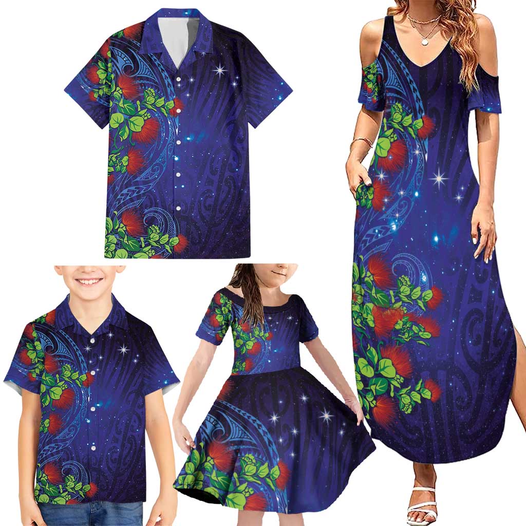 Matariki New Zealand Maori and Pohutukawa Family Matching Summer Maxi Dress and Hawaiian Shirt Galaxy Blue Sky Style