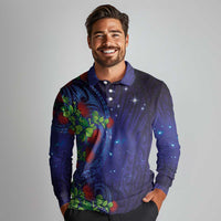 Matariki New Zealand Maori and Pohutukawa Long Sleeve Polo Shirt Galaxy Blue Sky Style
