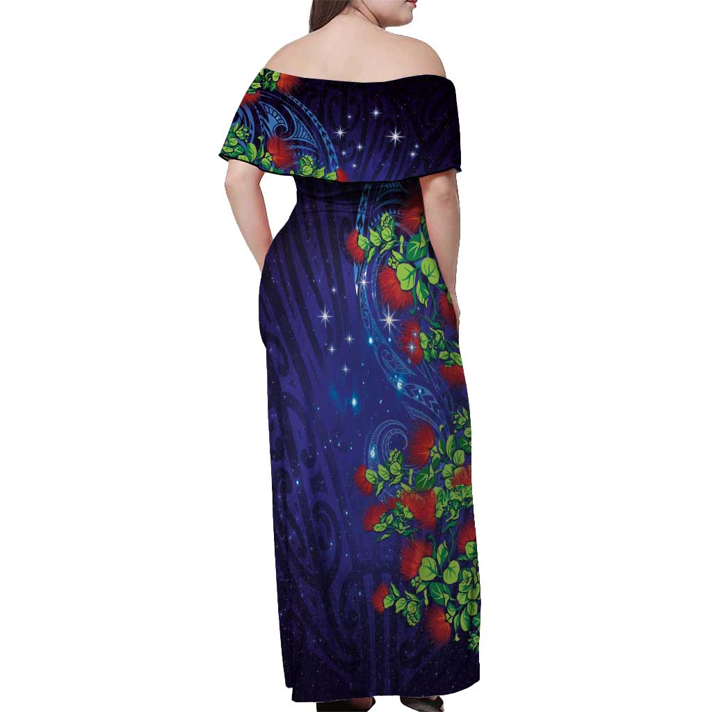 Matariki New Zealand Maori and Pohutukawa Off Shoulder Maxi Dress Galaxy Blue Sky Style