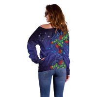 Matariki New Zealand Maori and Pohutukawa Off Shoulder Sweater Galaxy Blue Sky Style