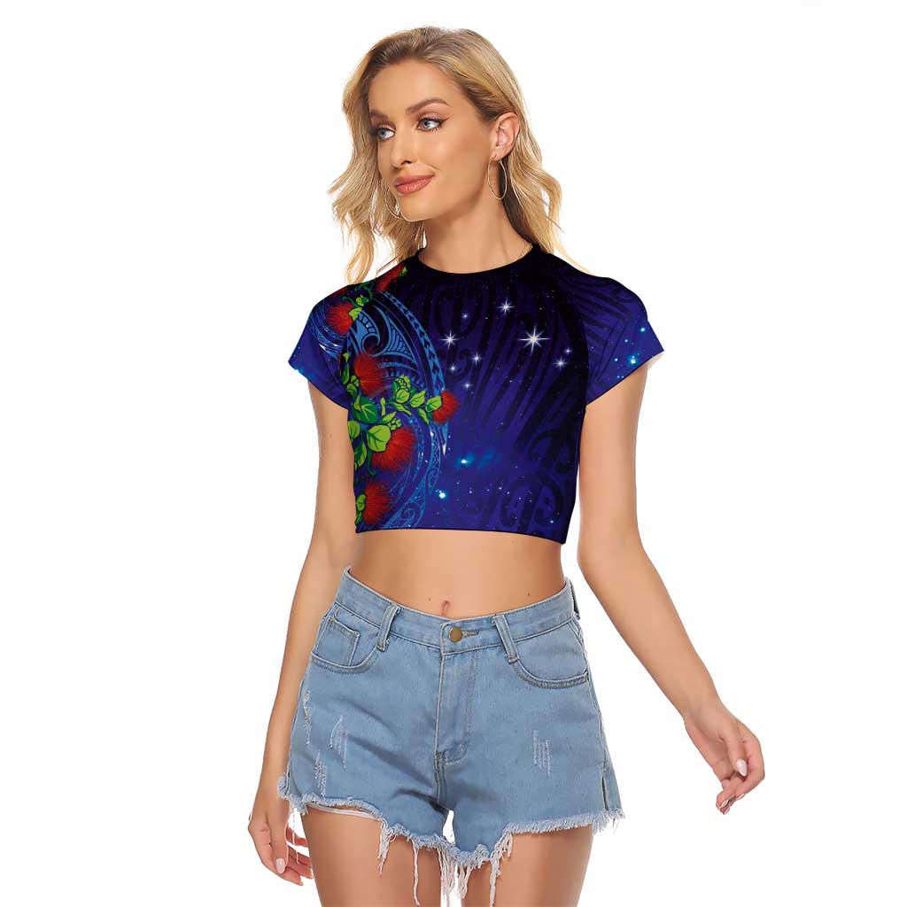 Matariki New Zealand Maori and Pohutukawa Raglan Cropped T Shirt Galaxy Blue Sky Style