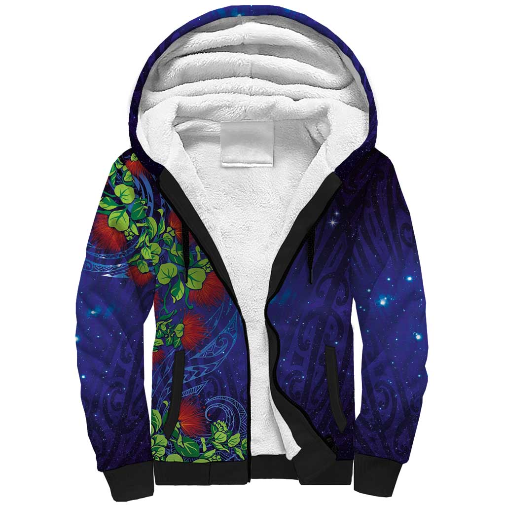 Matariki New Zealand Maori and Pohutukawa Sherpa Hoodie Galaxy Blue Sky Style