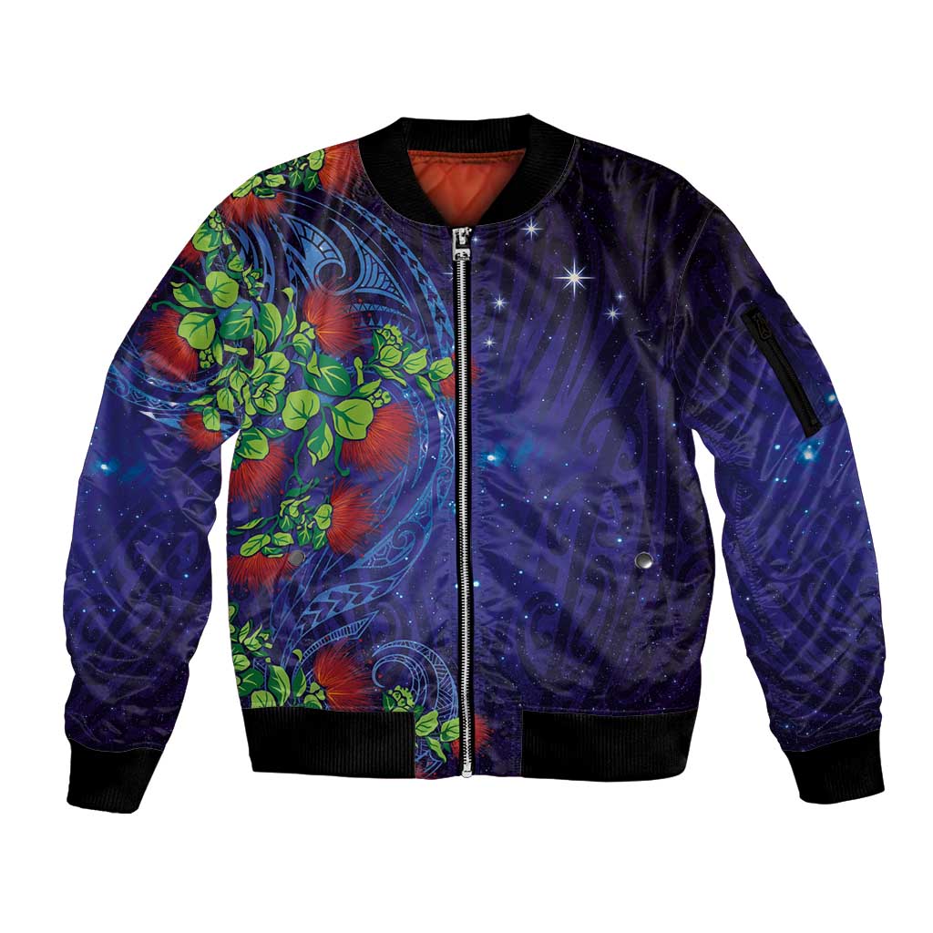 Matariki New Zealand Maori and Pohutukawa Sleeve Zip Bomber Jacket Galaxy Blue Sky Style