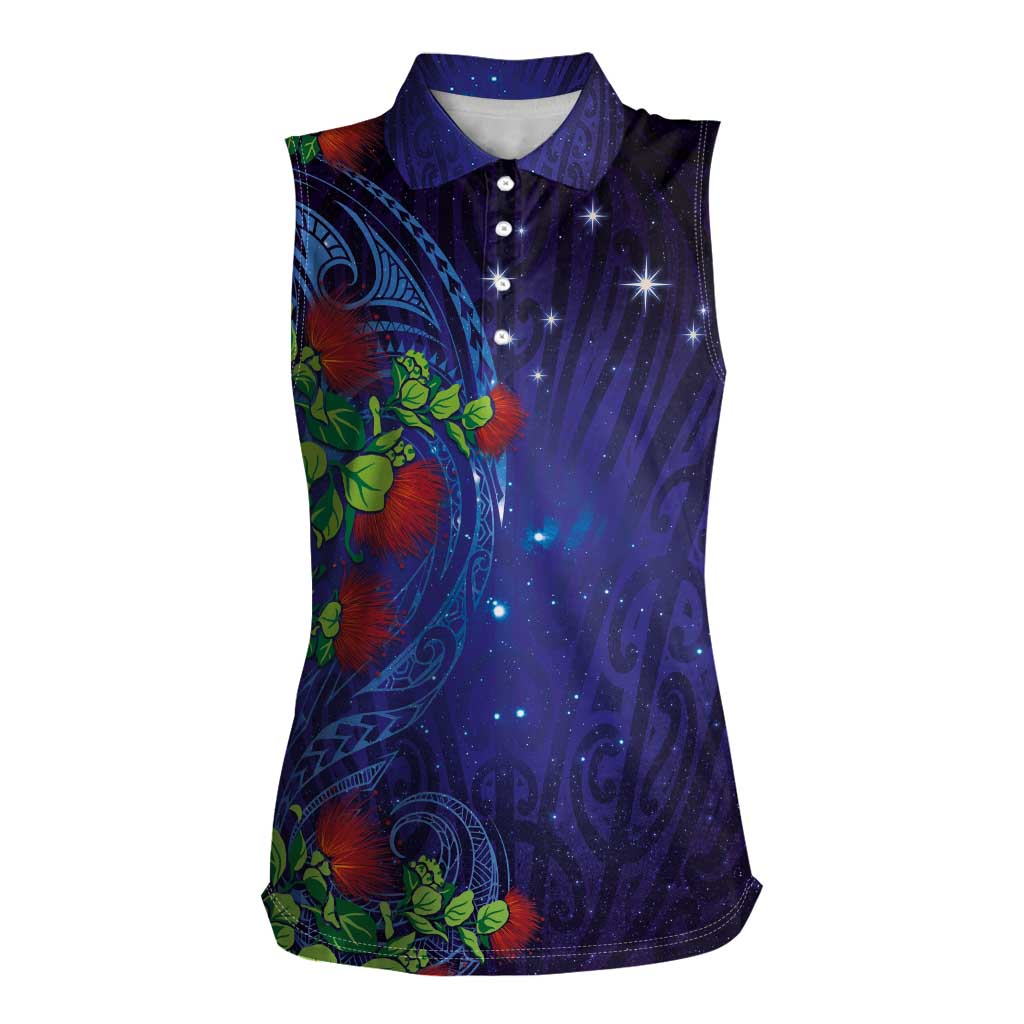 Matariki New Zealand Maori and Pohutukawa Women Sleeveless Polo Shirt Galaxy Blue Sky Style