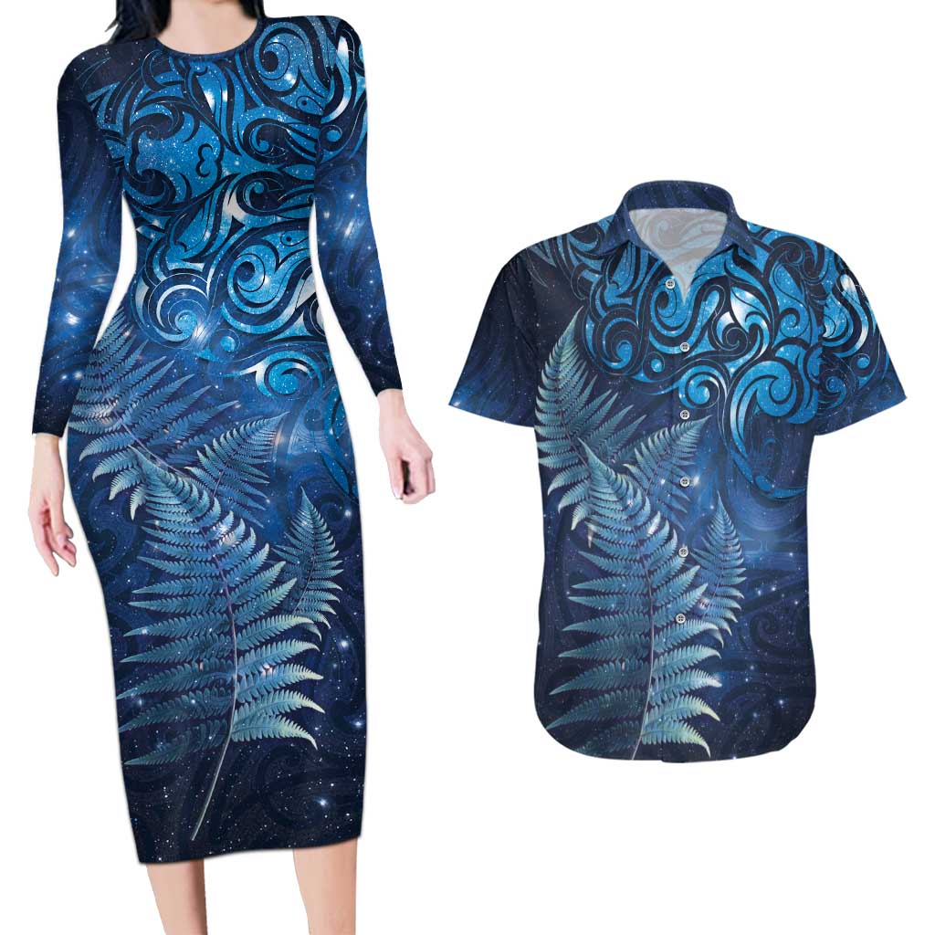 Matariki New Zealand Maori Silver Fern Couples Matching Long Sleeve Bodycon Dress and Hawaiian Shirt Galaxy Blue Sky Style