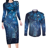 Matariki New Zealand Maori Silver Fern Couples Matching Long Sleeve Bodycon Dress and Long Sleeve Button Shirt Galaxy Blue Sky Style