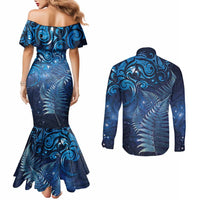 Matariki New Zealand Maori Silver Fern Couples Matching Mermaid Dress and Long Sleeve Button Shirt Galaxy Blue Sky Style