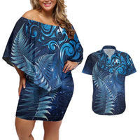 Matariki New Zealand Maori Silver Fern Couples Matching Off Shoulder Short Dress and Hawaiian Shirt Galaxy Blue Sky Style