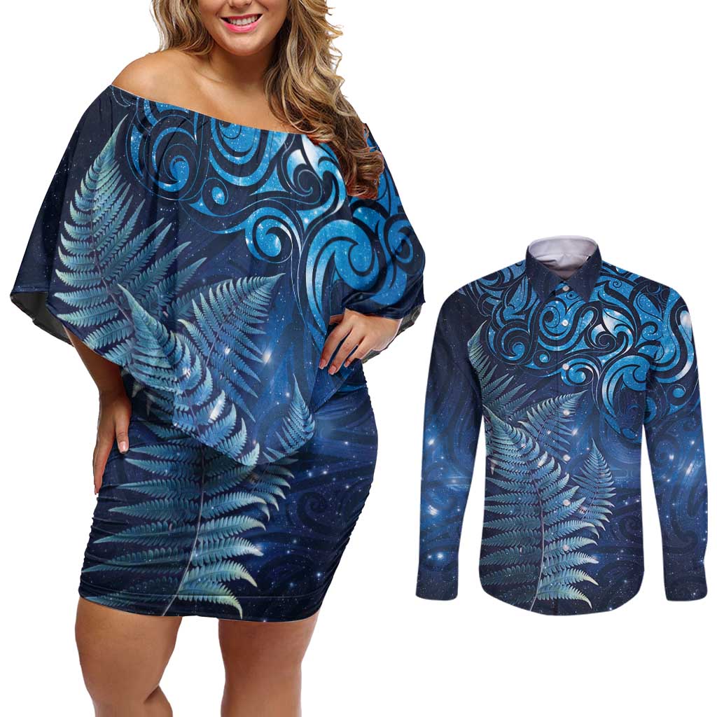 Matariki New Zealand Maori Silver Fern Couples Matching Off Shoulder Short Dress and Long Sleeve Button Shirt Galaxy Blue Sky Style