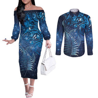 Matariki New Zealand Maori Silver Fern Couples Matching Off The Shoulder Long Sleeve Dress and Long Sleeve Button Shirt Galaxy Blue Sky Style