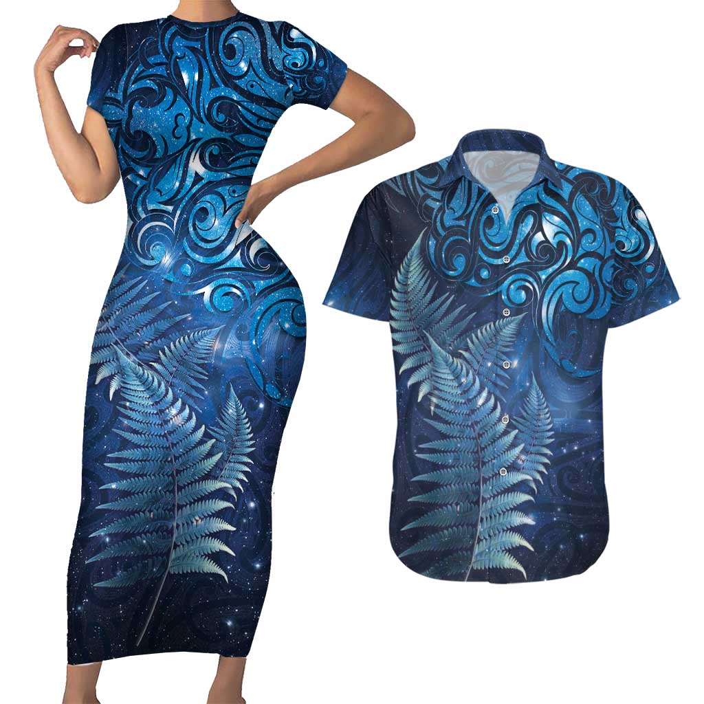 Matariki New Zealand Maori Silver Fern Couples Matching Short Sleeve Bodycon Dress and Hawaiian Shirt Galaxy Blue Sky Style
