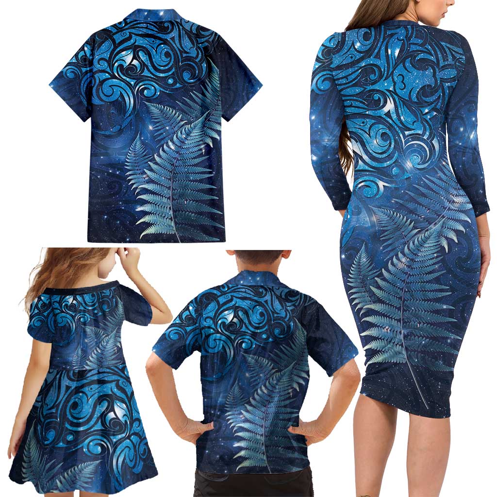 Matariki New Zealand Maori Silver Fern Family Matching Long Sleeve Bodycon Dress and Hawaiian Shirt Galaxy Blue Sky Style