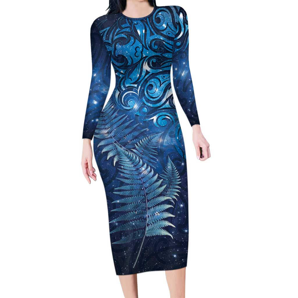 Matariki New Zealand Maori Silver Fern Family Matching Long Sleeve Bodycon Dress and Hawaiian Shirt Galaxy Blue Sky Style