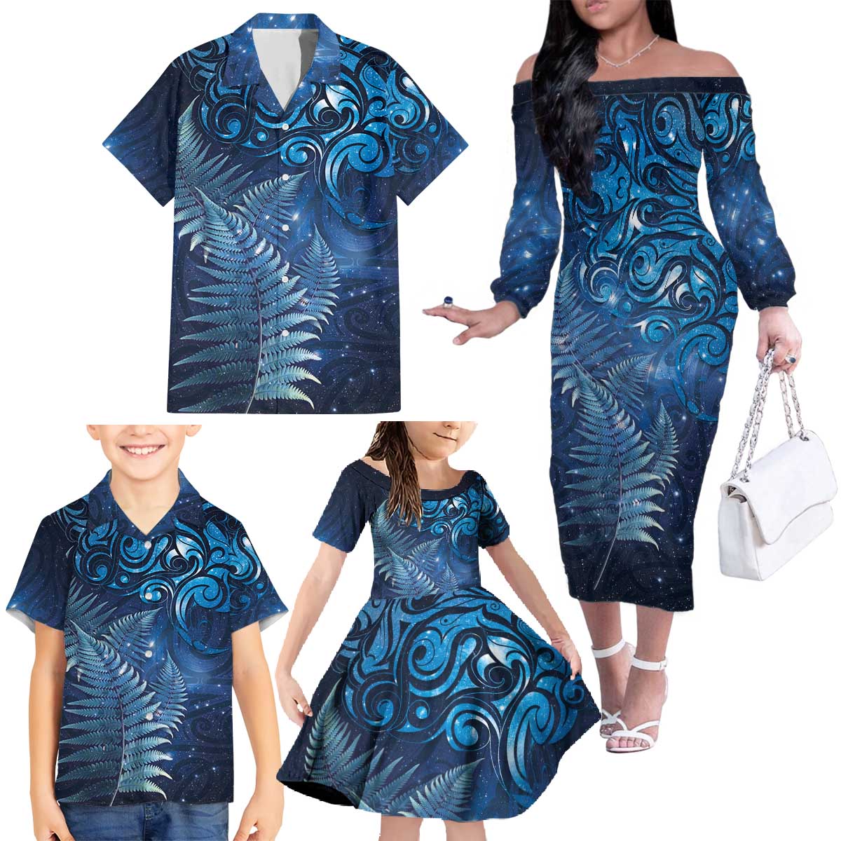 Matariki New Zealand Maori Silver Fern Family Matching Off The Shoulder Long Sleeve Dress and Hawaiian Shirt Galaxy Blue Sky Style
