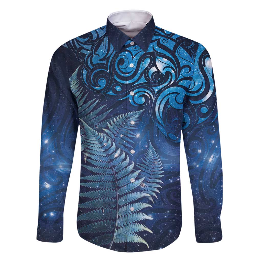 Matariki New Zealand Maori Silver Fern Family Matching Off Shoulder Maxi Dress and Hawaiian Shirt Galaxy Blue Sky Style LT03 Dad's Shirt - Long Sleeve Blue - Polynesian Pride