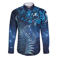 Matariki New Zealand Maori Silver Fern Family Matching Off Shoulder Maxi Dress and Hawaiian Shirt Galaxy Blue Sky Style LT03 Dad's Shirt - Long Sleeve Blue - Polynesian Pride