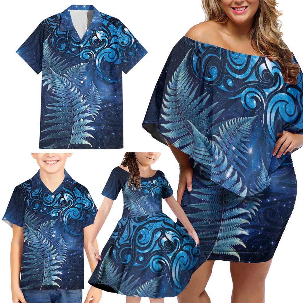 Matariki New Zealand Maori Silver Fern Family Matching Off Shoulder Short Dress and Hawaiian Shirt Galaxy Blue Sky Style