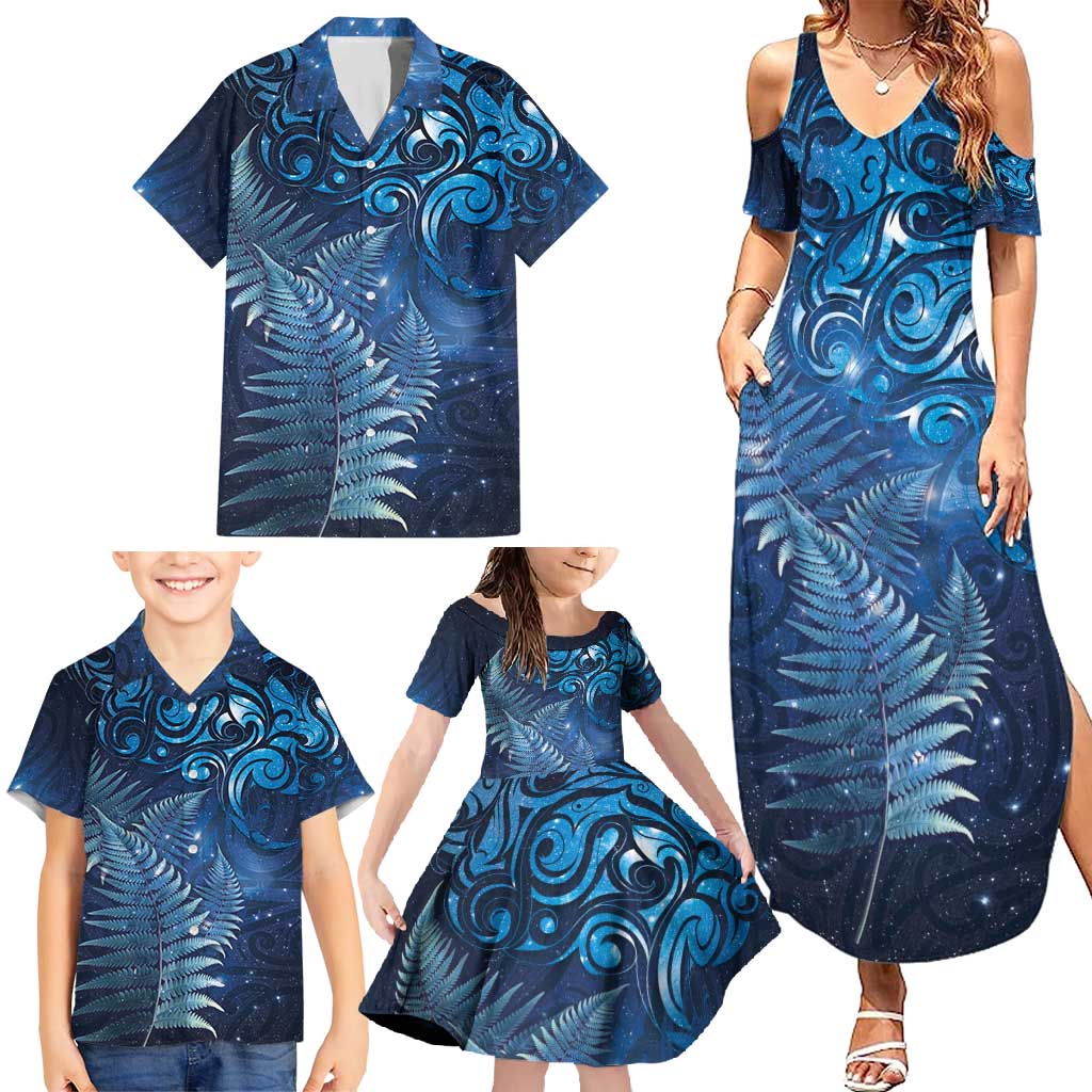Matariki New Zealand Maori Silver Fern Family Matching Summer Maxi Dress and Hawaiian Shirt Galaxy Blue Sky Style