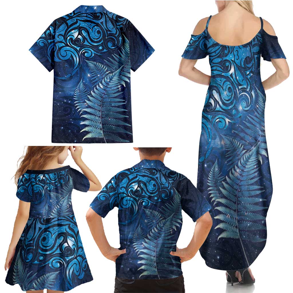 Matariki New Zealand Maori Silver Fern Family Matching Summer Maxi Dress and Hawaiian Shirt Galaxy Blue Sky Style