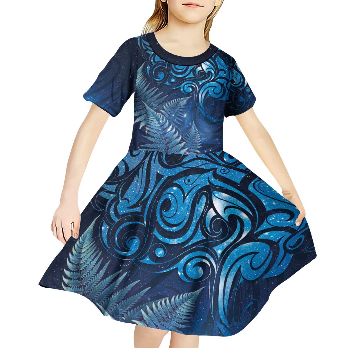 Matariki New Zealand Maori Silver Fern Kid Short Sleeve Dress Galaxy Blue Sky Style