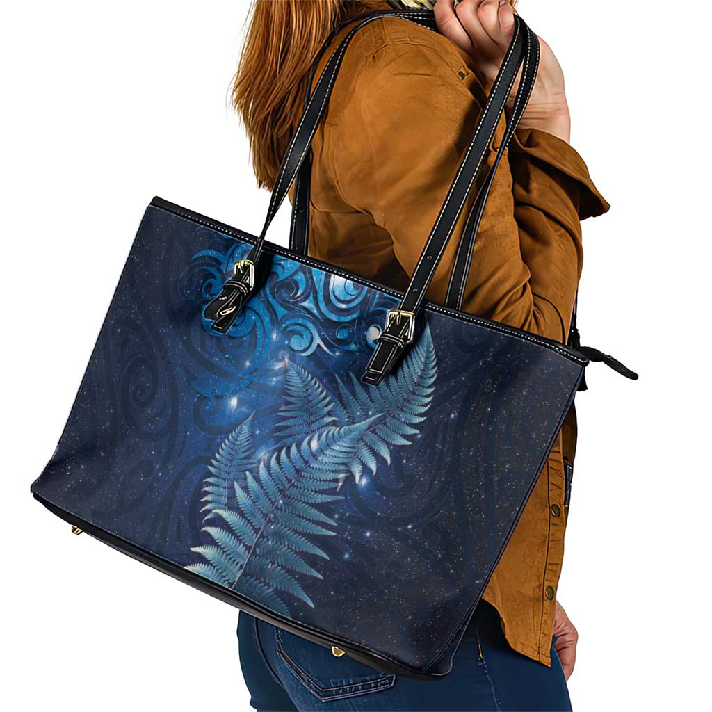 Matariki New Zealand Maori Silver Fern Leather Tote Bag Galaxy Blue Sky Style