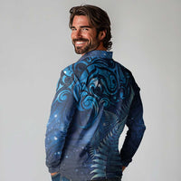 Matariki New Zealand Maori Silver Fern Long Sleeve Polo Shirt Galaxy Blue Sky Style
