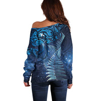 Matariki New Zealand Maori Silver Fern Off Shoulder Sweater Galaxy Blue Sky Style