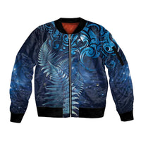 Matariki New Zealand Maori Silver Fern Sleeve Zip Bomber Jacket Galaxy Blue Sky Style