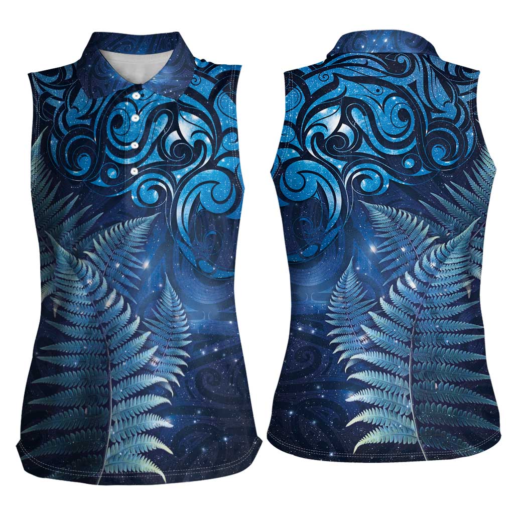 Matariki New Zealand Maori Silver Fern Women Sleeveless Polo Shirt Galaxy Blue Sky Style