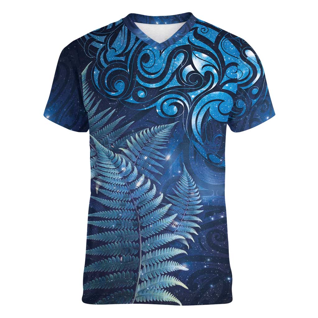 Matariki New Zealand Maori Silver Fern Women V-Neck T-Shirt Galaxy Blue Sky Style