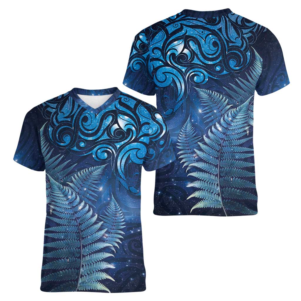Matariki New Zealand Maori Silver Fern Women V-Neck T-Shirt Galaxy Blue Sky Style