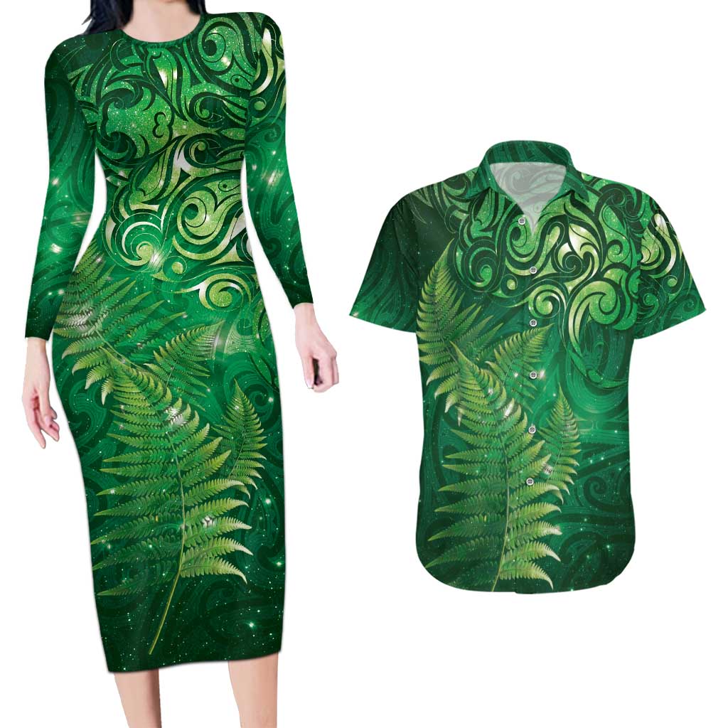 Matariki New Zealand Maori Silver Fern Couples Matching Long Sleeve Bodycon Dress and Hawaiian Shirt Galaxy Green Sky Style