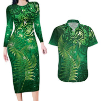 Matariki New Zealand Maori Silver Fern Couples Matching Long Sleeve Bodycon Dress and Hawaiian Shirt Galaxy Green Sky Style