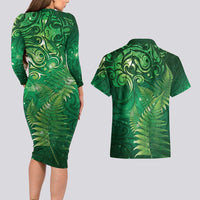 Matariki New Zealand Maori Silver Fern Couples Matching Long Sleeve Bodycon Dress and Hawaiian Shirt Galaxy Green Sky Style