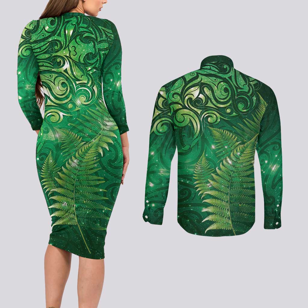 Matariki New Zealand Maori Silver Fern Couples Matching Long Sleeve Bodycon Dress and Long Sleeve Button Shirt Galaxy Green Sky Style