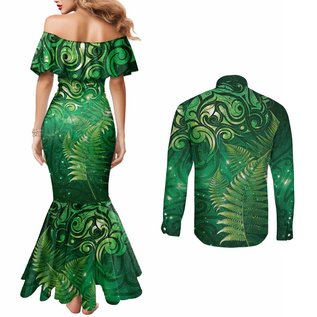 Matariki New Zealand Maori Silver Fern Couples Matching Mermaid Dress and Long Sleeve Button Shirt Galaxy Green Sky Style