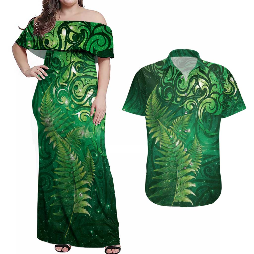 Matariki New Zealand Maori Silver Fern Couples Matching Off Shoulder Maxi Dress and Hawaiian Shirt Galaxy Green Sky Style