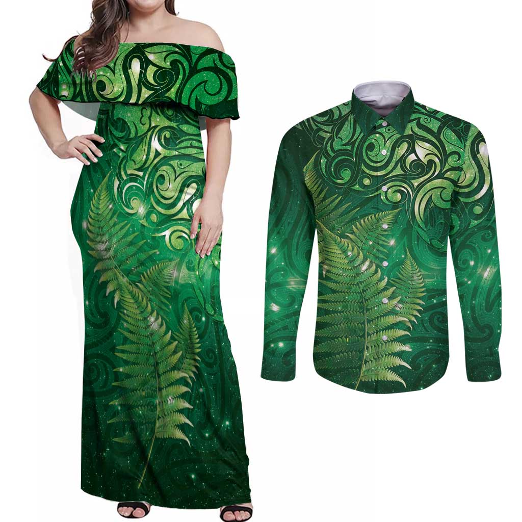 Matariki New Zealand Maori Silver Fern Couples Matching Off Shoulder Maxi Dress and Long Sleeve Button Shirt Galaxy Green Sky Style