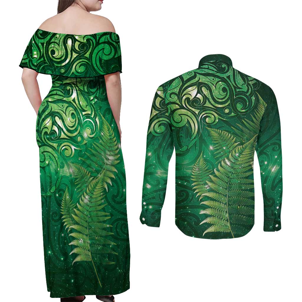 Matariki New Zealand Maori Silver Fern Couples Matching Off Shoulder Maxi Dress and Long Sleeve Button Shirt Galaxy Green Sky Style