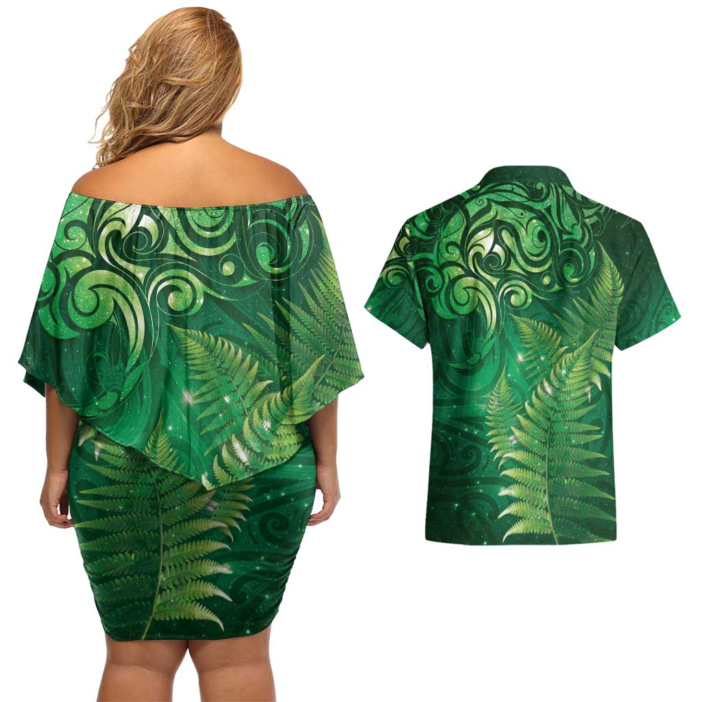 Matariki New Zealand Maori Silver Fern Couples Matching Off Shoulder Short Dress and Hawaiian Shirt Galaxy Green Sky Style