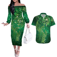 Matariki New Zealand Maori Silver Fern Couples Matching Off The Shoulder Long Sleeve Dress and Hawaiian Shirt Galaxy Green Sky Style