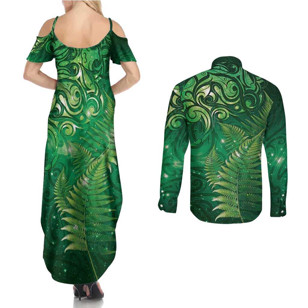 Matariki New Zealand Maori Silver Fern Couples Matching Summer Maxi Dress and Long Sleeve Button Shirt Galaxy Green Sky Style