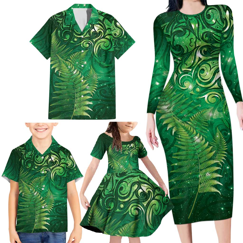 Matariki New Zealand Maori Silver Fern Family Matching Long Sleeve Bodycon Dress and Hawaiian Shirt Galaxy Green Sky Style
