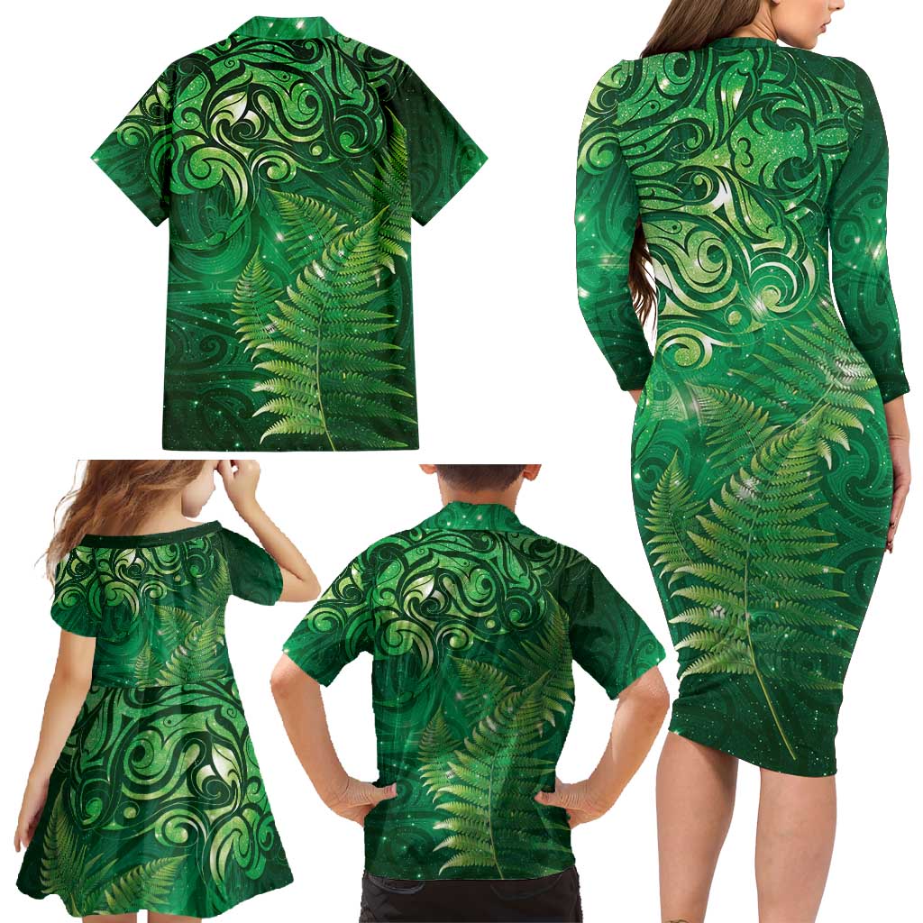 Matariki New Zealand Maori Silver Fern Family Matching Long Sleeve Bodycon Dress and Hawaiian Shirt Galaxy Green Sky Style
