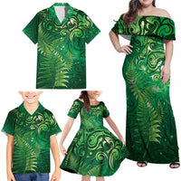 Matariki New Zealand Maori Silver Fern Family Matching Off Shoulder Maxi Dress and Hawaiian Shirt Galaxy Green Sky Style LT03 - Polynesian Pride