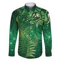 Matariki New Zealand Maori Silver Fern Family Matching Off Shoulder Maxi Dress and Hawaiian Shirt Galaxy Green Sky Style LT03 Dad's Shirt - Long Sleeve Green - Polynesian Pride