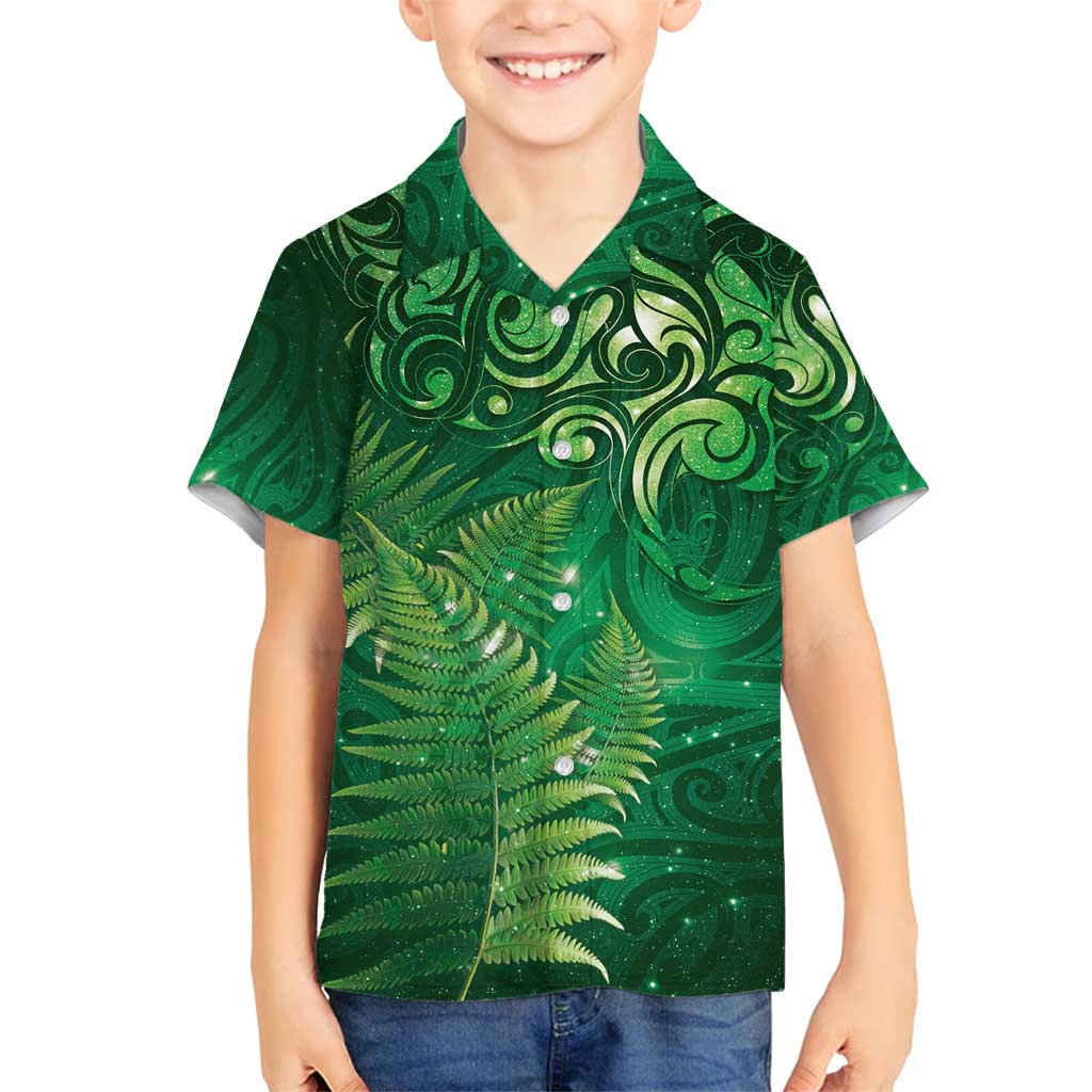 Matariki New Zealand Maori Silver Fern Family Matching Off Shoulder Maxi Dress and Hawaiian Shirt Galaxy Green Sky Style LT03 Son's Shirt Green - Polynesian Pride
